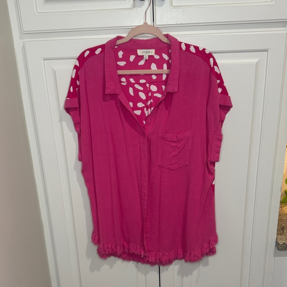 Umgee Fuchsia Button-Down Shirt with Polka Dot Accents